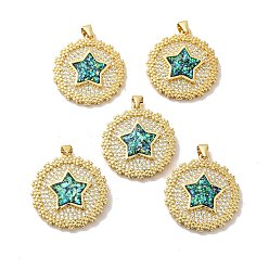 Real 18K Gold Plated Rack Plating Brass Micro Pave Cubic Zirconia Pendants, with Synthetic Opal, with Jump Ring, Lead Free & Cadmium Free, Long-Lasting Plated, Flat Round with Star, Real 18K Gold Plated, 26.5x24.5x3.6mm, Hole: 5x3.6mm
