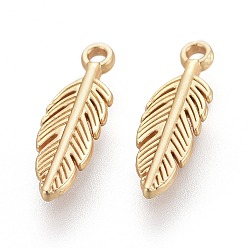 Matte Gold Color Tibetan Style Alloy Charms, Feather, Lead Free & Nickel Free & Cadmium Free, Real 18K Gold Plated, Matte Gold Color, 15x5x1.5mm, Hole: 1mm