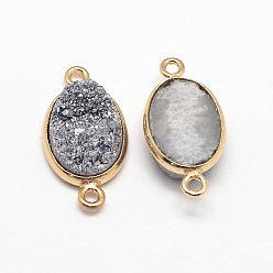 Silver Electroplate Natural Druzy Crystal Links connectors, with Golden Tone Brass Findings, Oval, Dyed, Silver, 23x12x4~8mm, Hole: 2mm