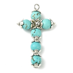 Synthetic Turquoise Synthetic Turquoise Copper Wire Wrapped Pendants, Cross Charms, Platinum, Dyed, 39x23~24x7mm, Hole: 1.8~2mm