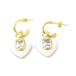 White Enamel Heart Dangle Stud Earrings with Clear Cubic Zirconia, Real 18K Gold Plated Brass Jewelry for Valentine's Day, White, 32.5mm, Pin: 0.7mm