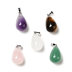 Mixed Stone Natural Mixed Stone Pendants, with Platinum Tone Brass Findings, Teardrop Charm, 20~21x11~12mm, Hole: 6x3.5mm
