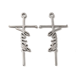 Stainless Steel Color Non-Tarnish 304 Stainless Steel Pendants, Cross with Word Faith Charm, Stainless Steel Color, 39.5x20.5x1.5mm, Hole: 2mm
