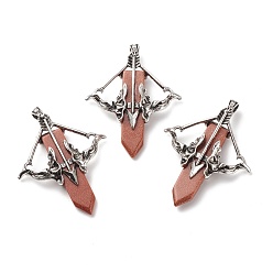 Goldstone Synthetic Goldstone Big Pendants, with Antique Silver Tone Alloy Findings, Cadmium Free & Lead Free, Faceted, Bow with Arrow & Sword, 65x54.5x11mm, Hole: 4x7mm