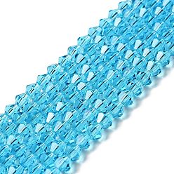 Light Sky Blue Imitation Austrian Crystal 5301 Bicone Beads, Faceted Glass Beads Strands, Light Sky Blue, 3x3~3.5mm, Hole: 0.5mm, about 125~130pcs/strand, 15.5 inch