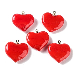 Red Handmade Lampwork Pendants, with Rack Plating Golden Tone Brass Findings, Long-Lasting Plated, Heart Charm, Red, 18.5x17x6.5mm, Hole: 1.4mm