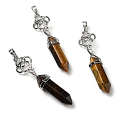 Tiger Eye Natural Tiger Eye Pendant, with Platinum Tone Brass Findings, Cadmium Free & Lead Free, Flower, 65~68mm, Hole: 4.6x8mm