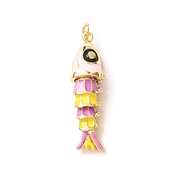 Pink Brass with Enamel Pendants, Fish Charms, Rack Plating, Long-Lasting Plated, Lead Free & Cadmium Free, Real 18K Gold Plated, Pink, 39.5x11.5x9.5mm, Hole: 4mm
