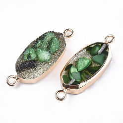 Green Electroplate Druzy Resin Links connectors, with Iron Findings, Oval, Light Gold, Green, 30~31x11.5~12x5mm, Hole: 1mm