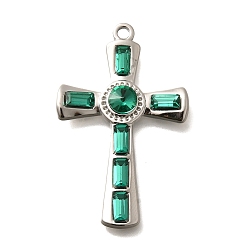 Изумруд 304 подвески из нержавеющей стали, со стразами, цвет нержавеющей стали, крестик, изумруд, 37.5x23.5x4.5 мм, отверстие : 2 мм