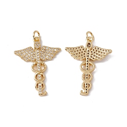 Real 18K Gold Plated Brass Micro Pave Clear Cubic Zirconia Pendants, with Jump Ring, Cadmium Free & Nickel Free & Lead Free, Rack Plating, Caduceus Symbol for Medicine, Real 18K Gold Plated, 28.5x21.5x3mm, Hole: 3mm