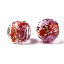 Crimson Handmade Gold Sand Lampwork Beads, Inner Flower, Round, Crimson, 8x7~8mm, Hole: 1.4mm