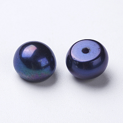 Black Natural Cultured Freshwater Pearl Beads, Dyed, Half Drilled, Round, Black, 7~8x6.5~7mm, Hole: 1mm