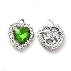 Green Alloy Glass Pendants, Crystal Rhinestone Heart Charm, Platinum, Green, 19x16x5.8mm, Hole: 2mm