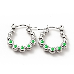 Зеленый лайм 304 серьги-кольца с круглыми бусинами из нержавеющей стали с эмалью для женщин, цвет нержавеющей стали, зеленый лайм, 18x17x3 мм, штифты : 0.8 мм