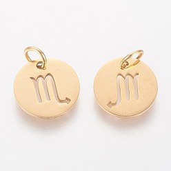Scorpio 304 Stainless Steel Charms, Flat Round with Constellation/Zodiac Sign, Golden, Scorpio, 12x1mm, Hole: 3mm