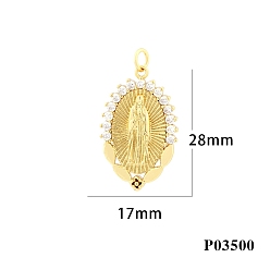 Golden Easter Brass Micro Pave Cubic Zirconia Pendants, Oval with Saint, Golden, 17x28mm