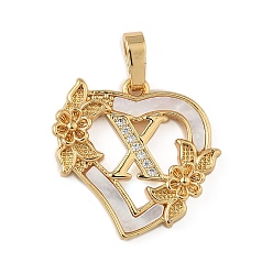 Letter X Латунь микропаве фианиты с подвесками-ракушками, Сердце и письмо, долговечный, без свинца и без кадмия, стойки покрытие, Письмо X, 20x20.5x3 мм, отверстие : 3.5x5 мм