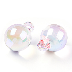 Pink UV Plating Rainbow Iridescent Transparent Acrylic Pendants, Round, Pink, 21x16x16mm, Hole: 3.5mm