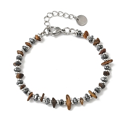 Тигровый глаз Браслет из бусин из натурального тигрового глаза и немагнитного синтетического гематита для женщин, с 201 нержавеющей сталью и 304 фурнитурой из нержавеющей стали, бусина : 3 мм и 3~3.5x3~7x3~7 мм, 7-1/4 дюйм (18.4 см)