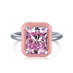 Pink Rhodium Plated 925 Sterling Silver Rings, Birthstone Ring, Real Platinum Plated, with Enamel & Cubic Zirconia for Women, Rectangle, Pink, US Size 6(16.5mm)