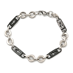 Black Two Tone 304 Stainless Steel Oval & Cross Link Chain Bracelet, Black, 8-7/8 inch(22.4cm), Wide: 9mm