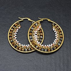 Amarilla Oscura Pendientes de aro de acero inoxidable, aretes de aro con cuentas, con perlas de vidrio, anillo, dorado, vara de oro oscuro, 304 mm