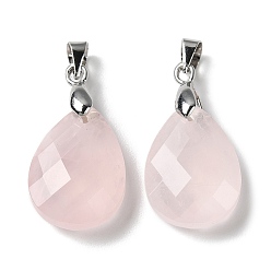Розовый Кварц Природного розового кварца подвески, слезинки, граненые, с ионным покрытием (IP) выводы из латуни с платиновым покрытием, 18x13x6 мм, отверстие : 4x3.3 мм