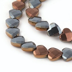 Copper Plated Electroplated Non-magnetic Synthetic Hematite Beads Strands, Faceted, Half Plated, Heart, Copper Plated, 8x8x3mm, Hole: 0.8mm, about 54pcs/strand, 16.14 inch(41cm)