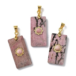 Родонит Ограненные подвески из натурального родонита, Прямоугольный элемент с подвесками в виде солнца, с латунной фурнитурой золотистого оттенка и декоративными элементами в виде ламелей., 25x13x7 мм, отверстие : 5x3.5 мм