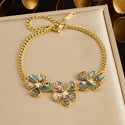 Golden Natural Abalone Shell 304 Stainless Steel 3 Flower Link Bracelets for Women, with Crystal Rhinestone, Golden, 6.69 inch(17cm)
