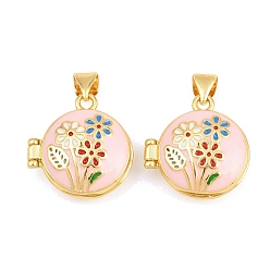 Pink Подвески латуни медальон, с эмалью, без кадмия и без свинца, реальный 18 k позолоченный, стойки покрытие, долговечный, плоский круглый с цветными чарами, розовые, 18x17x7 мм, отверстие : 3x5 мм, внутренний диаметр: 12 мм