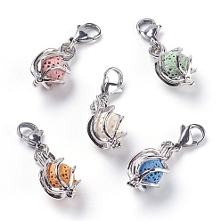 Platinum Brass Locket Pendants, Cage Pendants, with Dyed Lava Rock Perfume Beads, Brass Jump Rings and 304 Stainless Steel Lobster Claw Clasps, Lead Free & Cadmium Free, Platinum, 36mm, Pendant: 23x11.5~12mm