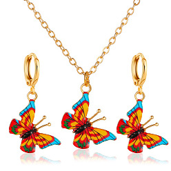Colorful Light Gold Alloy Butterfly Jewelry Set, Enamel Pendant Necklace and Dangle Hoop Earrings, Colorful, 500mm
