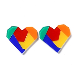 Colorful Acrylic Cabochons, Heart with Color-block Abstract Geometric Pattern, for DIY Earring Clip Supplies, Colorful, 34x38.5x4mm