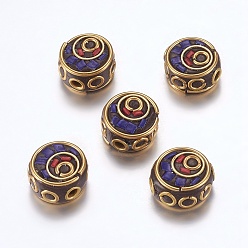 Blue Handmade Indonesia Beads, with Brass Findings, Nickel Free, Flat Round, Raw(Unplated), Blue, 12~13x6~7.5mm, Hole: 2mm
