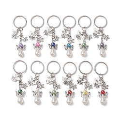 Mixed Color Angel & Star Charms Keychain, with Imitation Pearl Acrylic Beads and Iron Split Key Rings, Mixed Color, 8.4cm, 12pcs/set