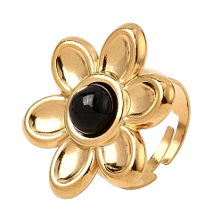 Black Onyx 304 Stainless Steel Cuff Open Rings for Women, Flower, with Natural Black Onyx, Ion Plating(IP), Golden, US Size 7(17.3mm)