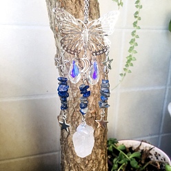 Lapis Lazuli Metal Hollow Butterfly Hanging Ornaments, Natural Lapis Lazuli Chip and Glass Teardrop Tassel Suncatchers for Home Outdoor Decoration, 210~230mm