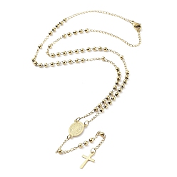 Golden 202 Stainless Steel Rosary Bead Necklaces, Cross Pendant Necklaces, Golden, 18-7/8 inch(47.8cm)