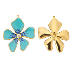 Turquoise Stainless Steel Rhinestones Pendants, with Enamel, Golden, Flower Charms, Turquoise, 39x33mm, Hole: 1.5mm