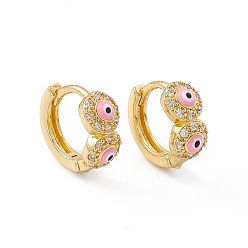 Pink Clear Cubic Zirconia Evil Eye Hoop Earrings with Enamel, Real 18K Gold Plated Brass Jewelry for Women, Lead Free & Cadmium Free, Pink, 11.5x12.5x5.5mm, Pin: 1mm