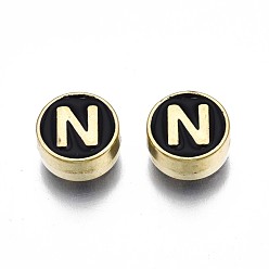 Letter N Alloy Enamel Beads, Cadmium Free & Lead Free, Light Gold, Flat Round with Alphabet, Black, Letter.N, 8x4mm, Hole: 1.5mm