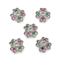 Платина Колпачки для бусин из цветочной латуни с микропаве из кубического циркония, стойки покрытие, долговечный, без свинца и без кадмия, платина, 6.5x6.5x2.5 мм, отверстие : 1 мм