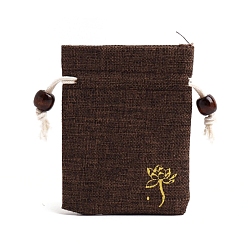 Coconut Brown Flower Print Linen Drawstring Gift Bags for Packaging Sachets, Rings, Earrings, Rectangle, Coconut Brown, 10x8cm
