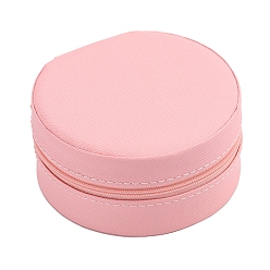 Pearl Pink Round PU Leather Jewelry Zipper Boxes, Portable Travel Jewelry Organizer Case, for Earrings, Rings, Necklaces Storage, Pearl Pink, 10x5cm