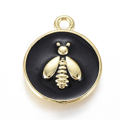 Black Golden Plated Brass Enamel Pendants, Flat Round with Bee, Black, 16x13x2mm, Hole: 1.6mm