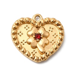 Светло-сиамский 304 подвески из нержавеющей стали с микропаве из стразов, подвески в виде сердца с клевером, ионное покрытие (ip), реальный 18 k позолоченный, Light Siam, 15x16x2.5 мм, отверстие : 1.2 мм