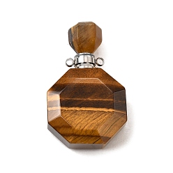 Тигровый глаз Натуральные подвески для флаконов с тигровым глазом, с 304 фурнитурой из нержавеющей стали, граненые, восьмиугольные прелести, цвет нержавеющей стали, 39~40x24~25x11~12 мм, отверстие : 1.8 мм