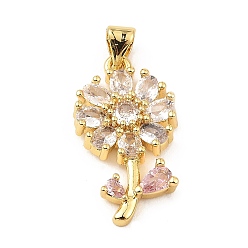 Pink Real 18K Gold Rack Plating Brass Micro Pave Cubic Zirconia Pendants, Long-Lasting Plated, Cadmium Free & Lead Free, Flower Charms, Pink, 24.5x13.5x3.5mm, Hole: 3.5x4.5mm